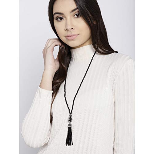 Beaded & Crystal Silver Tassel Necklace for Women